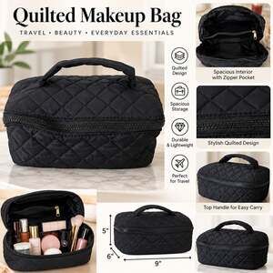 JMKEY Black Quilted Makeup Bag Travel Cosmetic Organizer Case with Pouches NEW